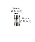 Fast-Blow Mini Fuse F2.5AL, 2.5A 125V Glass Fuse, 10 Pack, 0.39 x 0.14 Inch (10 x 3.6 mm), side view, with measurements.