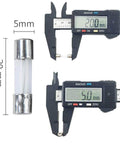 Must-Have Glass Fuse Assortment Pack, 300 Pcs, 5x20mm Fast-Blow Tubes, 250V, measurements with caliper shown