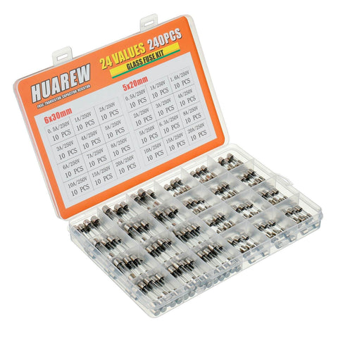 Fast Blow Glass Fuse Assortment Kit, 240 Pcs, 5x20 And 6x30 Mm Fuses, 250 V, transparent case displaying organized fuses