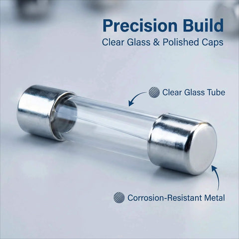 Must-Have Glass Fuse Kit With Fast Blow Fuses In 6x30mm And 5x20mm Sizes, showing clear glass tube and metal caps