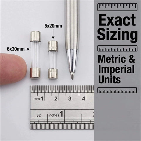 Must-Have Glass Fuse Kit With Fast Blow Fuses In 6x30mm And 5x20mm Sizes, shown with measurement scale
