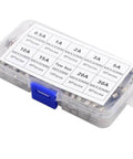 72 Piece Glass Fuse Set 6x30mm Assortment 0.5A to 30A with Holder in Organized Box visible from top