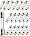 Fast Blow Glass Fuses 5A 250V 5x20mm Pack Of 20 With Plastic Storage Case for electronics and DIY projects, fuses displayed individually.