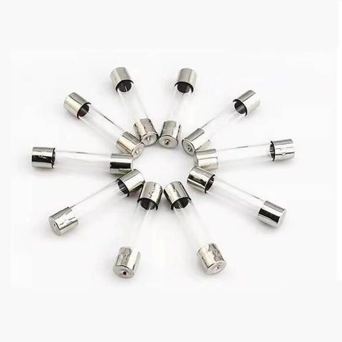 12 glass fuses arranged in a circle, part of 72 Piece Glass Fuse Set 6x30mm Assortment 0.5A to 30A with Holder in Organized Box.