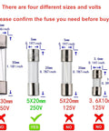 Comparison of glass fuses in different sizes and ratings, including 5x20mm 5A 250V slow blow fuses in glass tube.