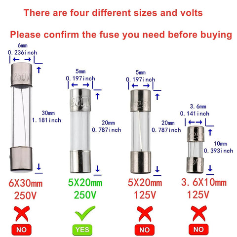 Comparison of glass fuses in different sizes and ratings, including 5x20mm 5A 250V slow blow fuses in glass tube.