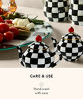 Mackenzie-Childs Glass Lazy Susan 360 Degree Rotating Serving Board In Black And White Courtly Check with teapots and tomatoes