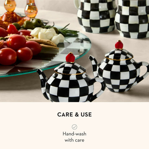 Mackenzie-Childs Glass Lazy Susan 360 Degree Rotating Serving Board In Black And White Courtly Check with teapots and tomatoes