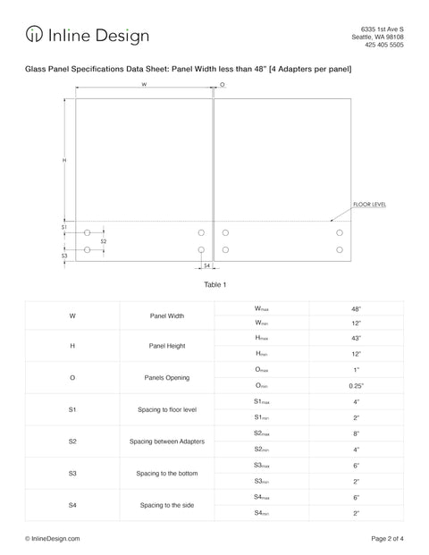 Specification sheet for Heavy Duty Satin Stainless Steel Glass Clamp Standoffs Inline Design 2 Inch for indoor and outdoor use.