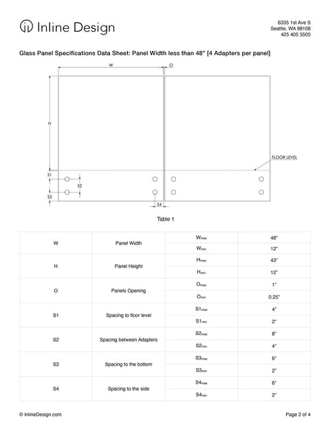 Diagram and specifications for inline glass panel installation setup with adapters, focusing on measurements and layout guidance.