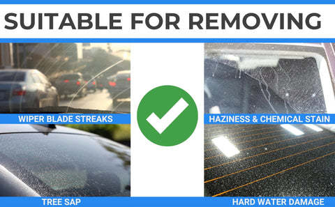Image showcasing types of glass damage: wiper blade streaks, tree sap, haziness & chemical stain, and hard water damage. Suitable for Cerium Oxide Glass Polish Pro restores clarity by repairing light defects on glass surfaces and mirrors, using a 3.5 micron, TREO 85% cerium oxide formula, water soluble in a single 100 g jar for hobbyists and professional use.