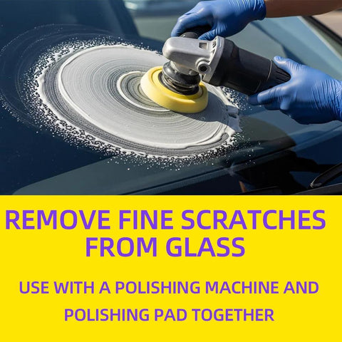 Cerium Oxide Glass Polishing Solution 100 Ml Bottle With Forty Percent Cerium Oxide Fast Cut Water Based Glass Polish in use on car windshield.