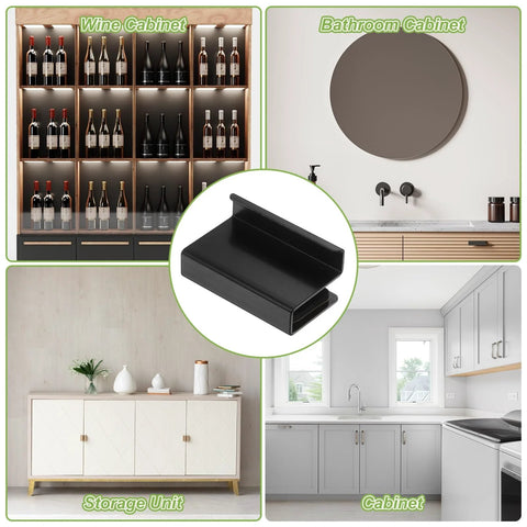 Two Pack Glass Finger Edge Pull Handles 1.57 Inch Length For Glass Thickness 0.16 To 0.24 Inch displayed in various cabinet types.
