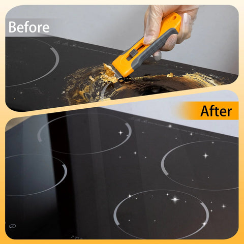 Razor Blade Scraper Tool With 15 Extra Blades For Glass Cleaning And Paint Removal On Glass Surfaces Ideal For Stovetops And Oven Doors Non Scratching Durable Handle Delivers A Rock Solid Grip And Easy Use For Removing Sticky Labels Without Damaging Glass in use, before and after cleaning stovetop.
