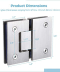 Two Pack 180 Degree Glass Shower Door Hinges For Frameless Glass To Glass Install Fits 8mm To 12mm Thick Glass with dimensions shown