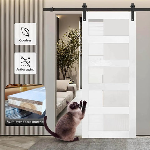 36in x 84in Glass Sliding MDF Barn Door with 6.6FT Sliding Door Hardware Kit, 5 Tempered Frosted Glass, installed in living room