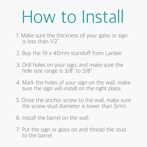 Installation guide for Stainless Steel Glass Standoff Screws Set, twenty pack, Lantee brand hardware for glass signs.