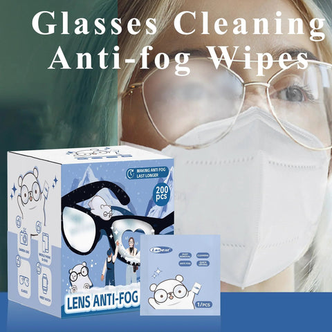 Box of Anti Fog Lens Wipes 200 Count Pre Moistened Glasses Screen Cleaner Portable near person wearing glasses