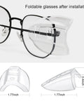 Glasses Side Shields for Eye Protection TPU Shields for Small to Medium Eyewear, attached to eyeglasses, with size dimensions.
