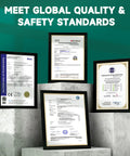 Framed global quality and safety standard certificates displayed on concrete pedestals.