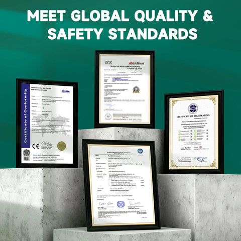 Framed global quality and safety standard certificates displayed on concrete pedestals.