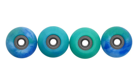 Apex 61D Urethane Fingerboard Wheels Globe Shape Terra Colorway, set of 4, top view, with 8.3mm ABEC-9 bearings, blue and green hues.