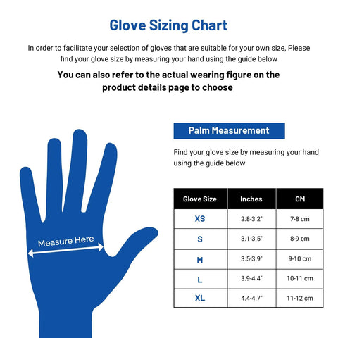 Glove sizing chart for Black Nitrile Exam Gloves 3.5 Mil 1200 Textured Grip Latex Free Powder Free, showing hand measurements in inches and cm.