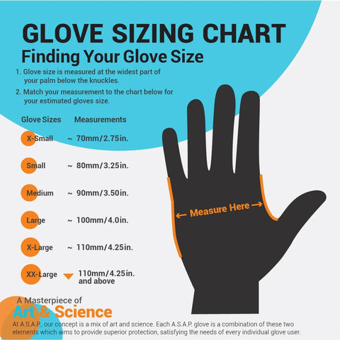 Black Nitrile Gloves 4 Mil Powder Free Latex Free Food Safe Large 100 Count sizing chart with measurement instructions.