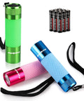 Three Pack Glow In The Dark Aluminum Mini Flashlights With Nine AAA Batteries Included For Camping Hiking Outdoor Emergencies Compact Rugged Aluminum Body In Assorted Colors Ideal For Nighttime Tasks Travel And Emergency Kits.