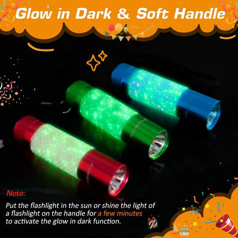 Three Pack Glow In The Dark Aluminum Mini Flashlights With Nine AAA Batteries Included For Camping Hiking Outdoor Emergencies Compact Rugged Aluminum Body In Assorted Colors Ideal For Nighttime Tasks Travel And Emergency Kits