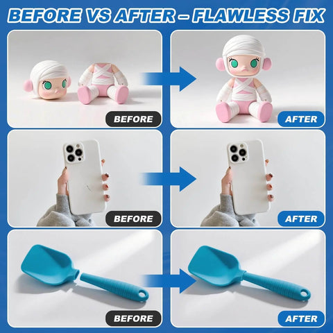 Before and after fix demonstration with Fast Bonding Top Notch Clear Silicone Glue For Silicone Rubber And TPU TPE TPR Crafts Waterproof Liquid Adhesive For Models Toys And Crafts With Six Applicator Nozzles 100g showing toy, phone, and spatula repairs.