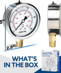 0-100 Psi Glycerin Liquid Filled Low Pressure Gauge, 2.5" Dial Size, 1/4" NPT Lower Mount, Stainless Steel Case with box