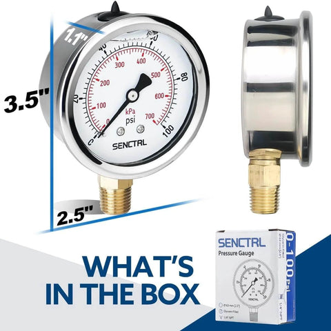 0-100 Psi Glycerin Liquid Filled Low Pressure Gauge, 2.5" Dial Size, 1/4" NPT Lower Mount, Stainless Steel Case with box