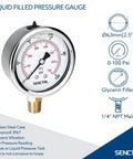 0-100 Psi Glycerin Liquid Filled Low Pressure Gauge, 2.5" Dial with Stainless Steel Case and 1/4" NPT Lower Mount for Pneumatic Use