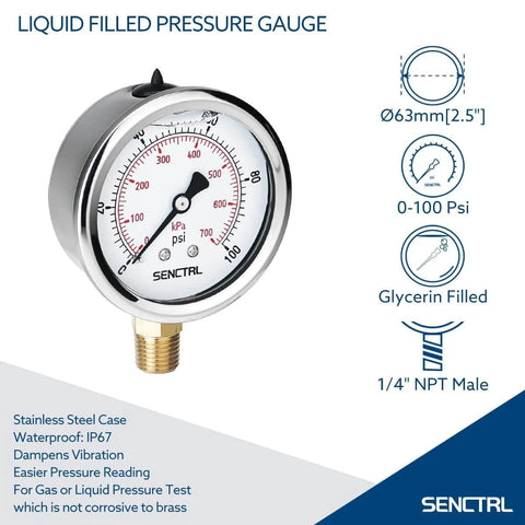 0-100 Psi Glycerin Liquid Filled Low Pressure Gauge, 2.5" Dial with Stainless Steel Case and 1/4" NPT Lower Mount for Pneumatic Use