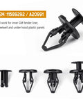 3 In 1 GM Fender Liner Clips And Push Pin Kit 40 Pc Replacement Fasteners For Inner Wheelwell Bumper And Under Hood Panels Directly Replaces OEM 11589292 A20991 21030249 On GMC Buick Trucks, with various clip types visible.