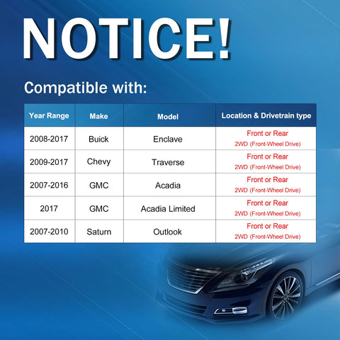 Compatibility chart for Front and Rear Wheel Bearing and Hub Assembly for Chevy Traverse, Buick Enclave, GMC Acadia, Acadia Limited, Saturn Outlook