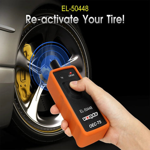 Hand holding GM TPMS Relearn Tool for 2006-2024 Chevy Buick GMC Opel Cadillac Vehicles 315/433 MHz near tire