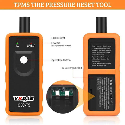 Front and back view of GM TPMS Relearn Tool for 2006-2024 Chevy Buick GMC Opel Cadillac Vehicles 315/433 MHz