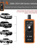 GM TPMS Relearn Tool for 2006-2024 Chevy Buick GMC Opel Cadillac Vehicles shown next to compatible cars