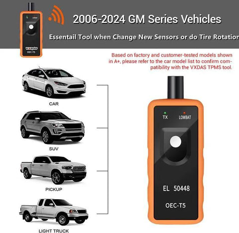 GM TPMS Relearn Tool for 2006-2024 Chevy Buick GMC Opel Cadillac Vehicles shown next to compatible cars