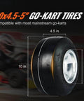 Go Kart Front Wheels 10x4.5-5 with Aluminum Alloy Rims and Rubber Tires 2 Pack, showing size dimensions and compatibility with go-karts.