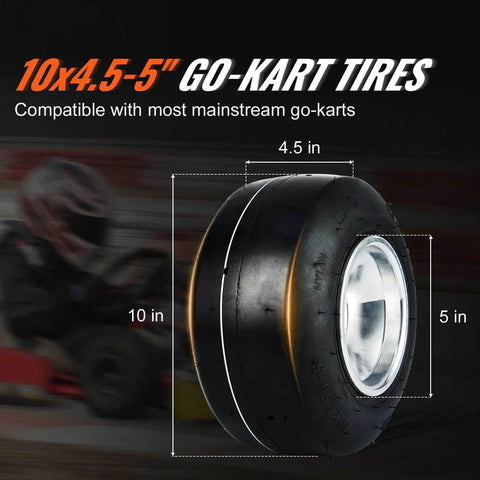 Go Kart Front Wheels 10x4.5-5 with Aluminum Alloy Rims and Rubber Tires 2 Pack, showing size dimensions and compatibility with go-karts.