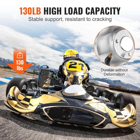 Go Kart racing on a track with focus on Go Kart Front Wheels 10x4.5-5 with Aluminum Alloy Rims, showcasing 130lb load capacity