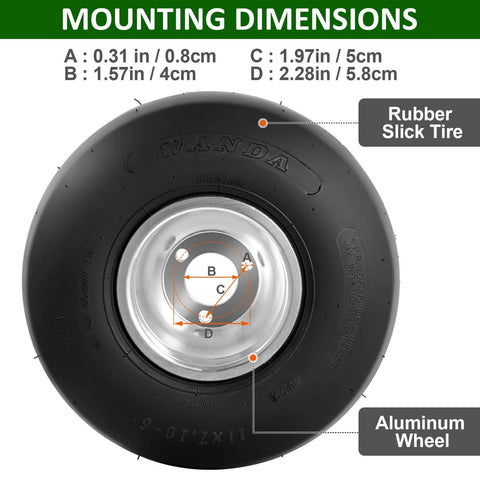 Close-up of Go Kart Tires and Wheels, Rear Wheel 11"x7.1"-5" with mounting dimensions and rubber slick tire on aluminum wheel.