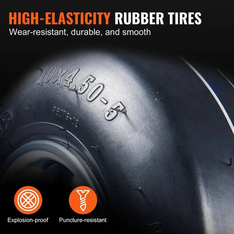 Close-up of Go Kart Front Wheels 10x4.5-5 with Aluminum Alloy Rims showing high-elasticity, wear-resistant rubber tire texture.