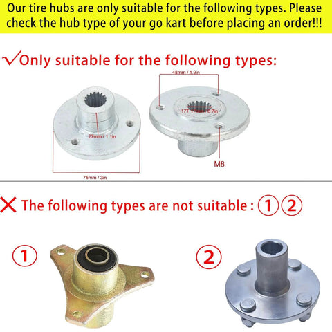Diagram showing compatible and incompatible go kart tire hubs for Go Kart Tires and Wheels, emphasizing correct hub types.