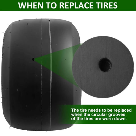 Go Kart Tires and Wheels, Rear Wheel 11"x7.1"-5", 2pcs slick tires showing worn tread with inset highlighting circular grooves.