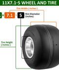 Go Kart Tires and Wheels, Rear Wheel 11"x7.1"-5", 2pcs Slick tyreTires and Rims, shown with size and dimension labels