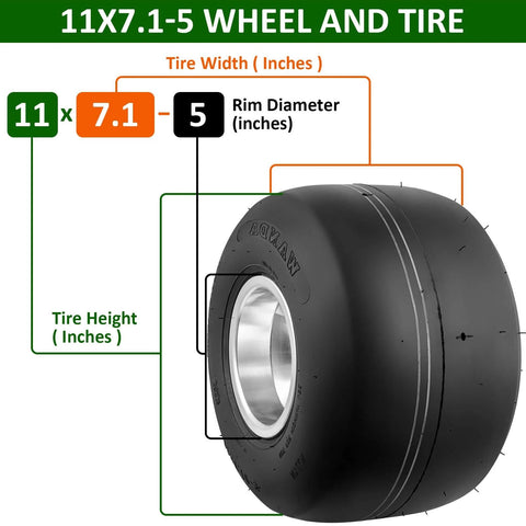 Go Kart Tires and Wheels, Rear Wheel 11"x7.1"-5", 2pcs Slick tyreTires and Rims, shown with size and dimension labels